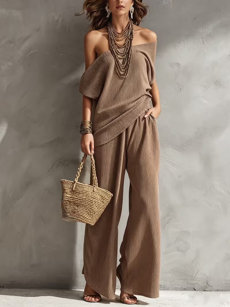 Elegant Ribbed Casual Off-The-Shoulder Top + Wide-Leg Pants Women'S Set Two-Piece Retro Lazy Bohemian Style Casual Set