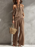 Elegant Ribbed Casual Off-The-Shoulder Top + Wide-Leg Pants Women'S Set Two-Piece Retro Lazy Bohemian Style Casual Set