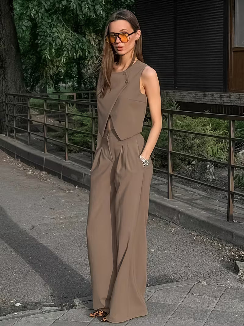 Commuter Chic Khaki Vest and Pants Two-Piece Set for Women | 2026 Spring New Arrival, Elegant Solid Color Design with Button Details