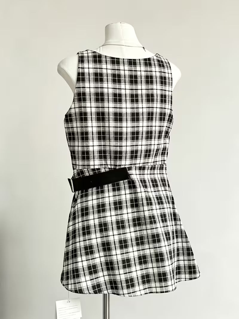 Niche Color-Block Plaid Vest Dress Women'S Summer New American Retro Waist-Cinching A-Line Skirt