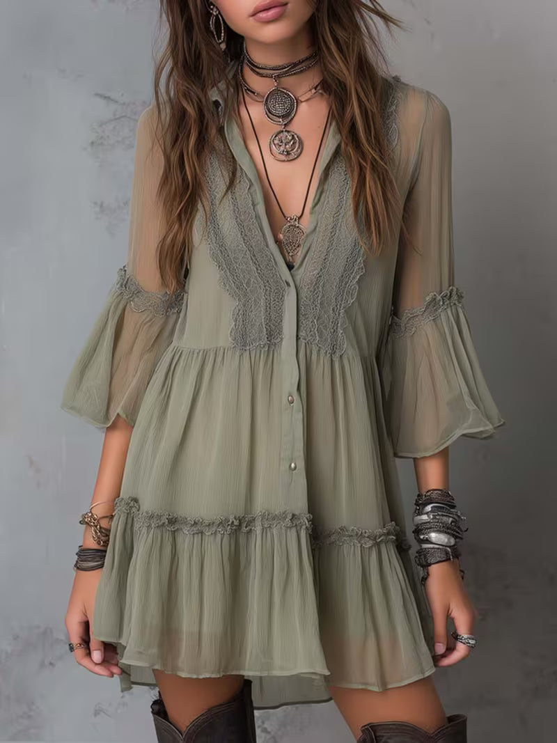 Lace Dress - Women's Olive Green V-Neck Long Sleeve Edgy Boho Vintage Festival &amp; Date Outfit Unique Ladies Dresses Flounce Sleeve Ruffle Hem