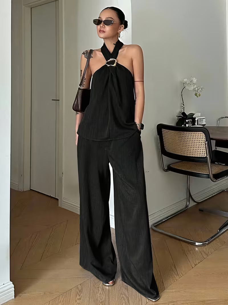 Women'S Elegant Two-Piece Vintage Coin Embellished Backless Halter Top And Wide-Leg Pants Set