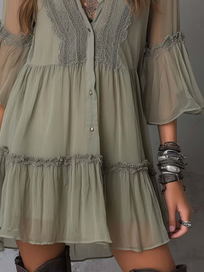 Lace Dress - Women's Olive Green V-Neck Long Sleeve Edgy Boho Vintage Festival &amp; Date Outfit Unique Ladies Dresses Flounce Sleeve Ruffle Hem