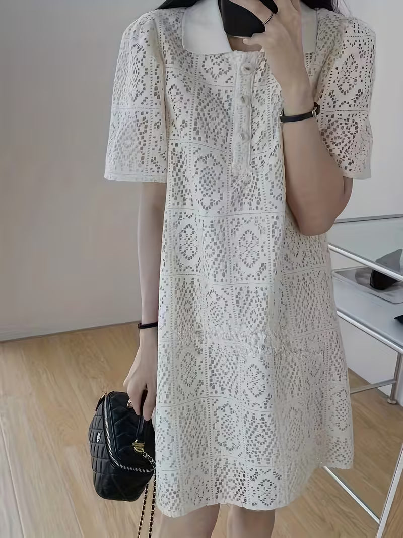 French-Style Hollow-Out Lace Dress for Women, Versatile Loose-Fit Collar Midi Dress for Summer
