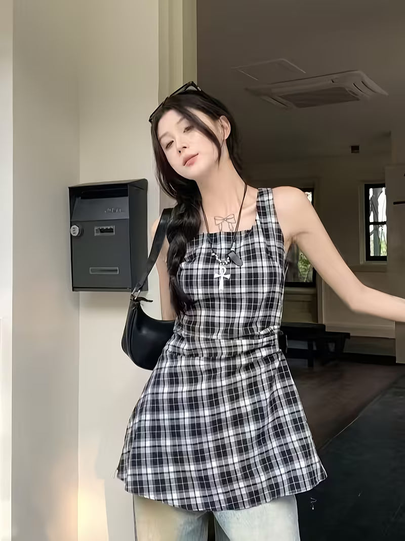 Niche Color-Block Plaid Vest Dress Women'S Summer New American Retro Waist-Cinching A-Line Skirt