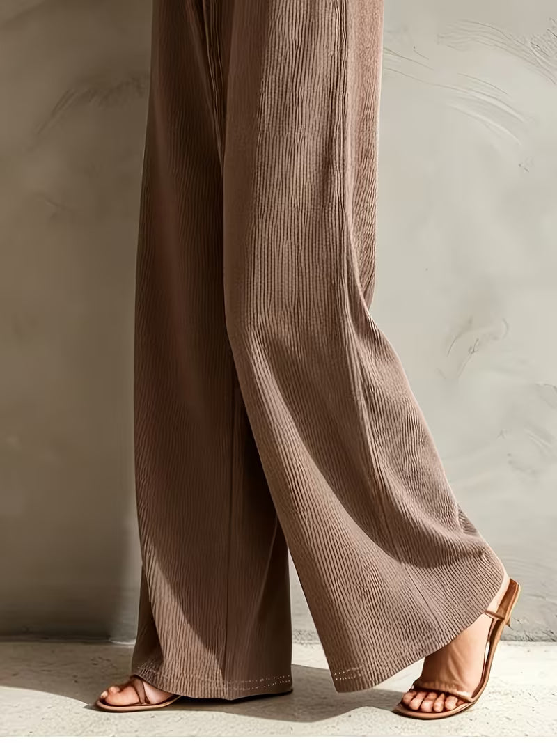 Elegant Ribbed Casual Off-The-Shoulder Top + Wide-Leg Pants Women'S Set Two-Piece Retro Lazy Bohemian Style Casual Set