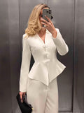 Elegant White Mandarin Collar Frog Button Peplum Blazer Set Modern Cheongsam-Inspired Tailored Pantsuit with Ruffle Hem Luxury Office Wear White Peplum Blazer & Trousers 2pcs Se