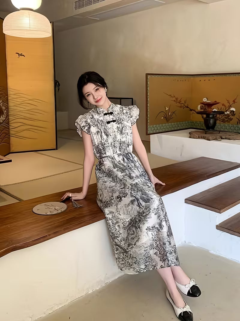 Chinese Style Ink Wash Painting Dress for Women, 2026 Summer New Arrival, Elegant and, New Chinese Style with Tie-Front Button and Small Flutter Sleeves, A-Line Skirt