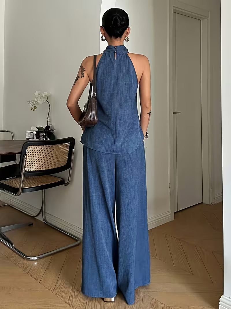 Women'S Elegant Two-Piece Vintage Coin Embellished Backless Halter Top And Wide-Leg Pants Set