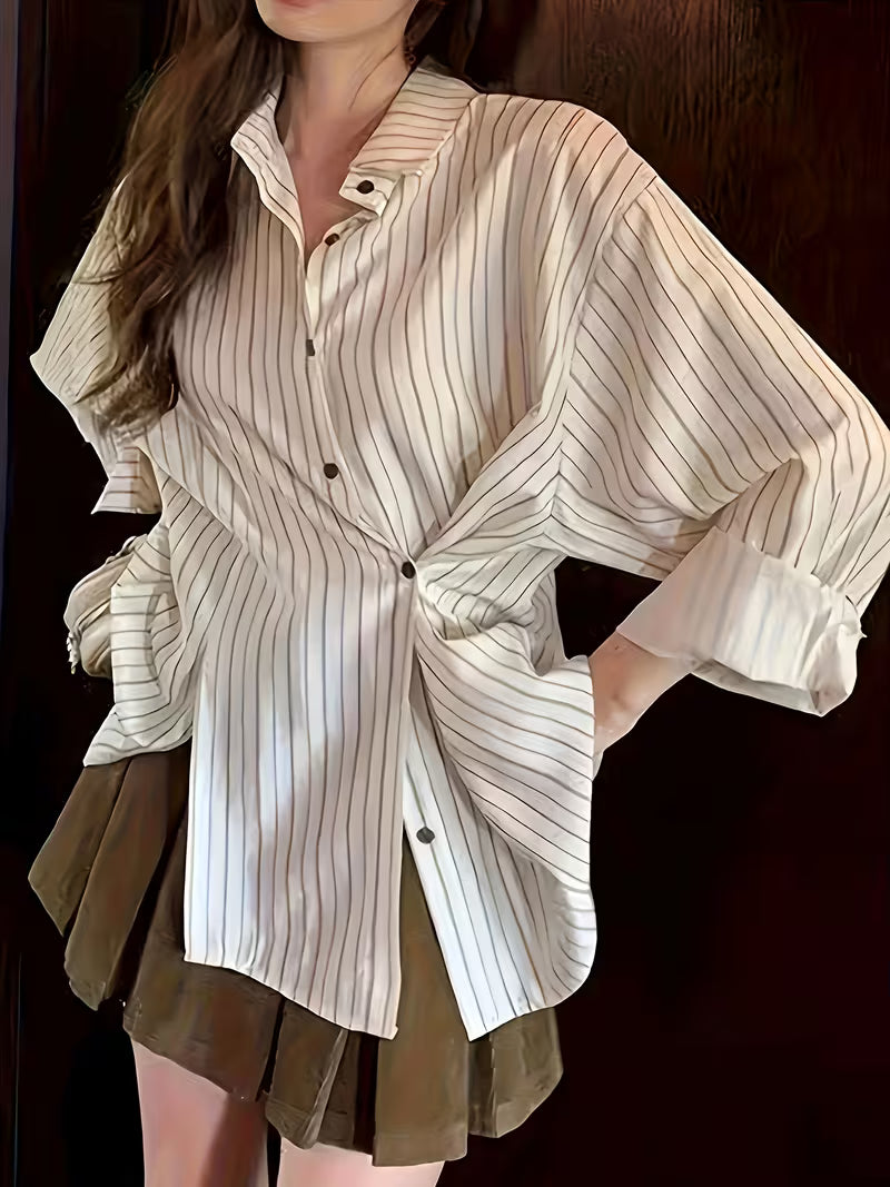 Spring/Autumn 2025 New Style Petite Striped Inner Shirt for Women, Lightly Mature Design, Loose and Languid Style Long-Sleeve Outer Jacket