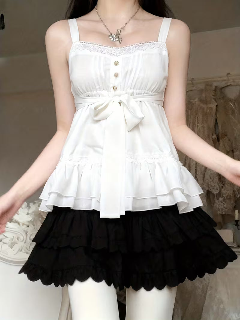 Sweet And Adorable White Lace-Trimmed Tank Top with Bow Tie, Perfect for a Y2K Light Aesthetic