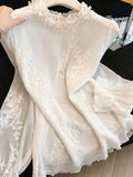 Spring/Summer Fashion Textured Ruched Beaded Floral Lace Patchwork Lightweight Long-Sleeve Pullover Blouse for Women
