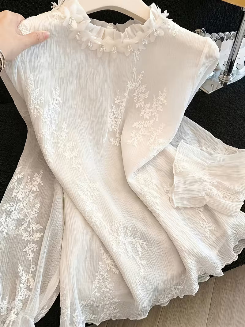 Spring/Summer Fashion Textured Ruched Beaded Floral Lace Patchwork Lightweight Long-Sleeve Pullover Blouse for Women