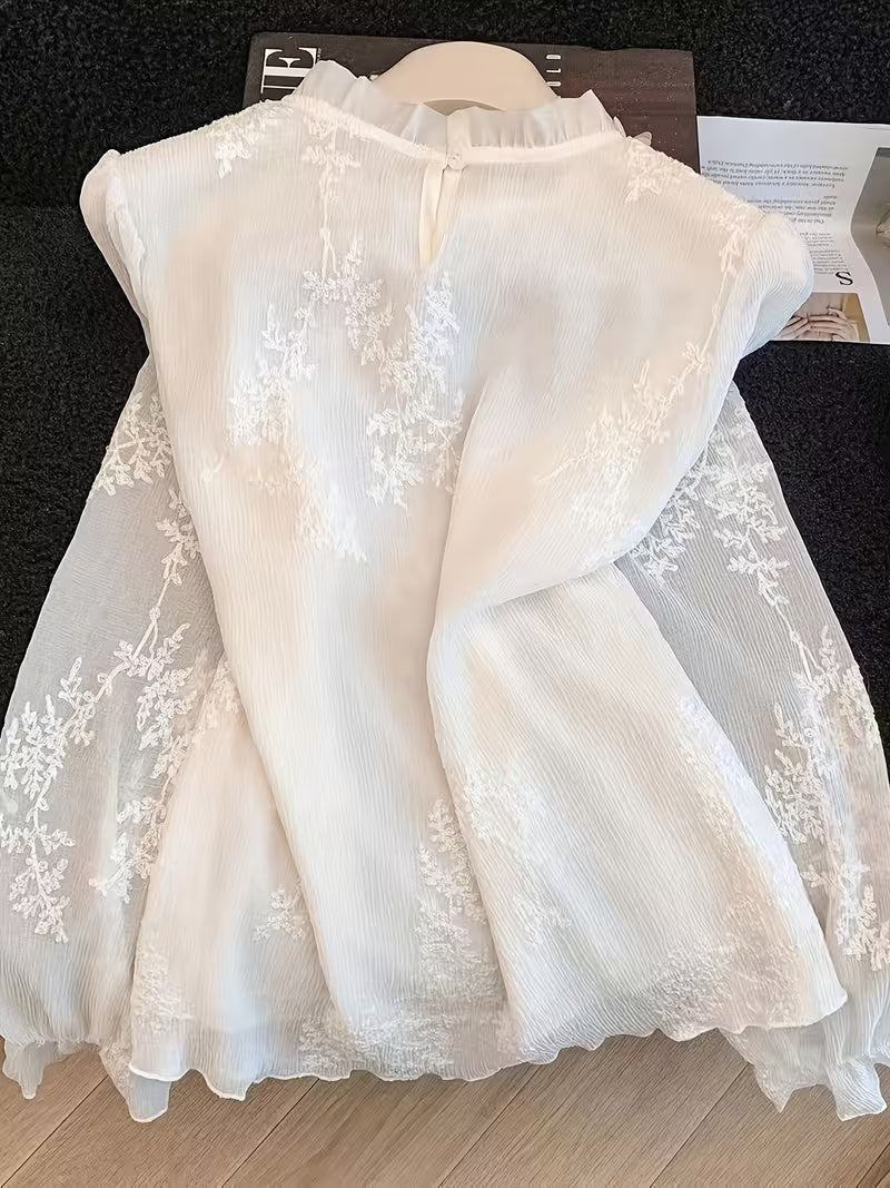 Spring/Summer Fashion Textured Ruched Beaded Floral Lace Patchwork Lightweight Long-Sleeve Pullover Blouse for Women
