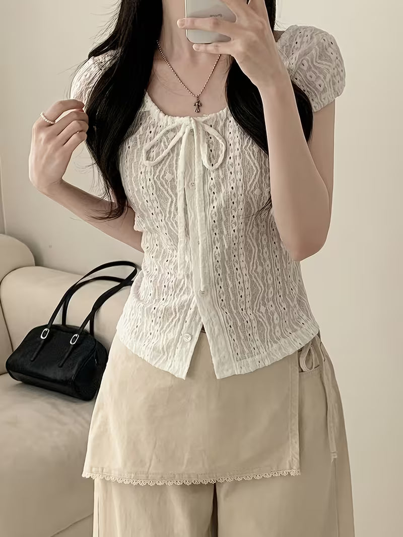 2026 Spring/Summer New Arrival Women's White Hollow-Out Jacquard Shirt with Square Neck, Short Sleeves, Waist-Cinching Fit