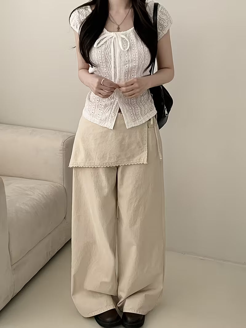 2026 Spring/Summer New Arrival Women's White Hollow-Out Jacquard Shirt with Square Neck, Short Sleeves, Waist-Cinching Fit
