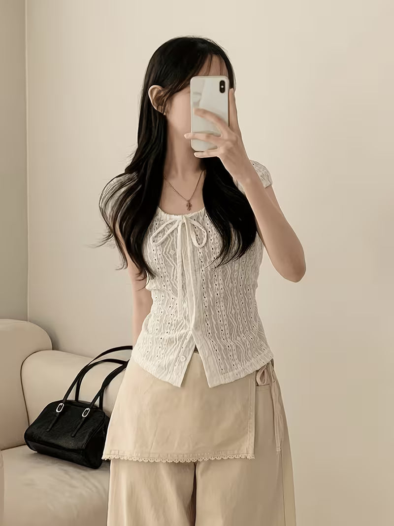2026 Spring/Summer New Arrival Women's White Hollow-Out Jacquard Shirt with Square Neck, Short Sleeves, Waist-Cinching Fit