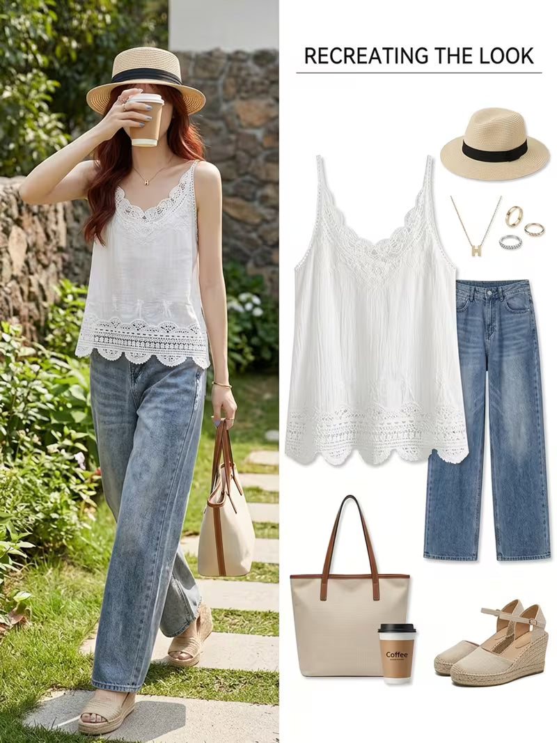 Women's Camisole, Elegant Comfortable Relaxed with Vintage Lace Pattern, Exquisite Lace Embroidery Details, Perfect for Summer Leisure