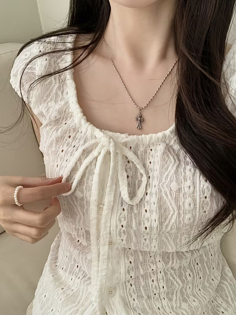 2026 Spring/Summer New Arrival Women's White Hollow-Out Jacquard Shirt with Square Neck, Short Sleeves, Waist-Cinching Fit