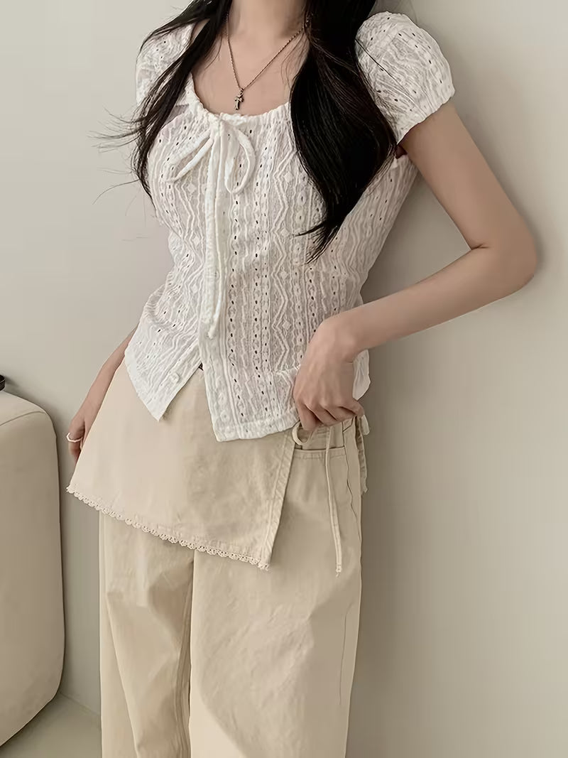 2026 Spring/Summer New Arrival Women's White Hollow-Out Jacquard Shirt with Square Neck, Short Sleeves, Waist-Cinching Fit