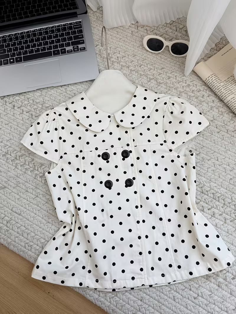 2026 Spring New Sweet Fashionable Temperament Versatile Double-Breasted Polka Dot Doll Collar Short-Sleeved Shirt Women'S Clothing