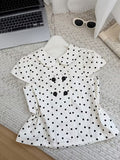 2026 Spring New Sweet Fashionable Temperament Versatile Double-Breasted Polka Dot Doll Collar Short-Sleeved Shirt Women'S Clothing