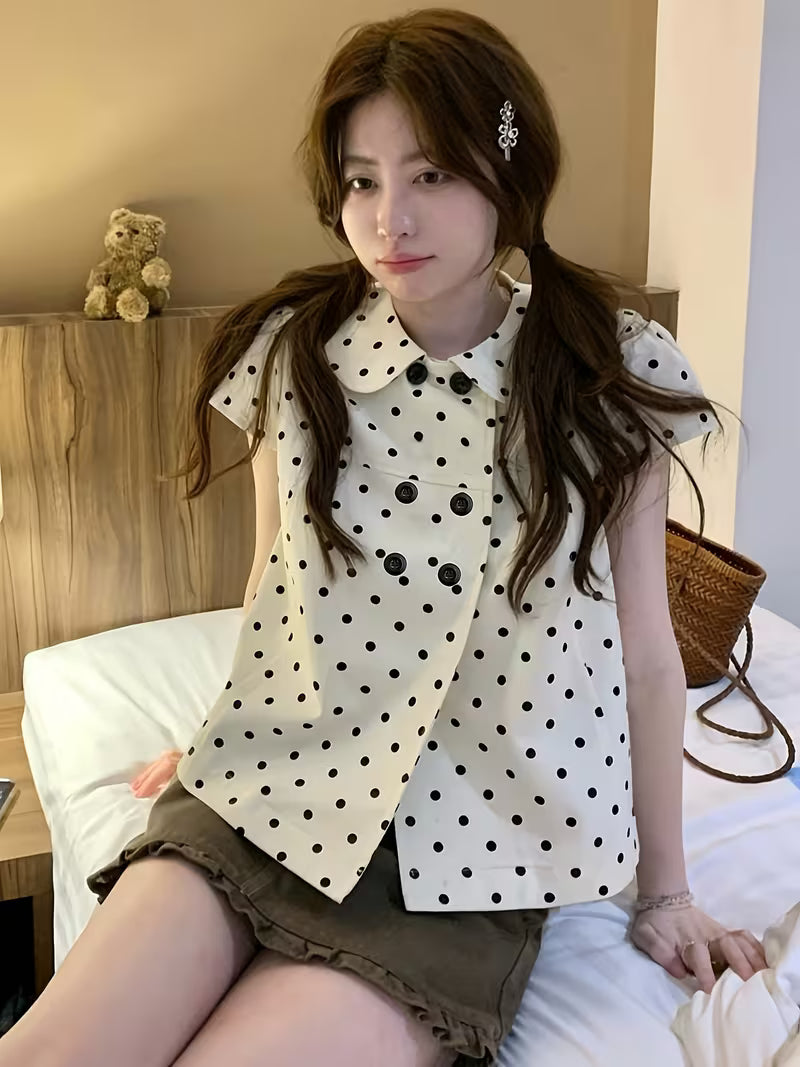 2026 Spring New Sweet Fashionable Temperament Versatile Double-Breasted Polka Dot Doll Collar Short-Sleeved Shirt Women'S Clothing