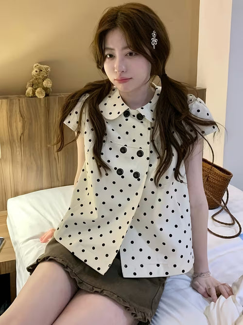 2026 Spring New Sweet Fashionable Temperament Versatile Double-Breasted Polka Dot Doll Collar Short-Sleeved Shirt Women'S Clothing