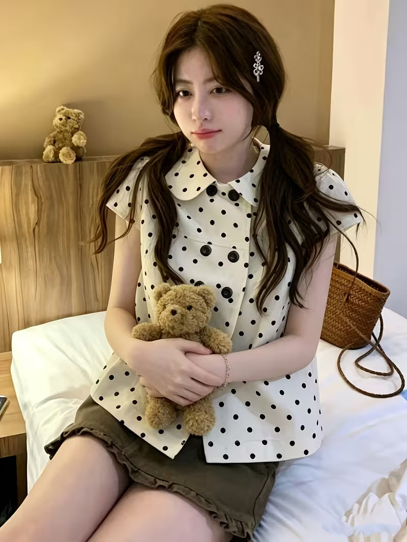 2026 Spring New Sweet Fashionable Temperament Versatile Double-Breasted Polka Dot Doll Collar Short-Sleeved Shirt Women'S Clothing