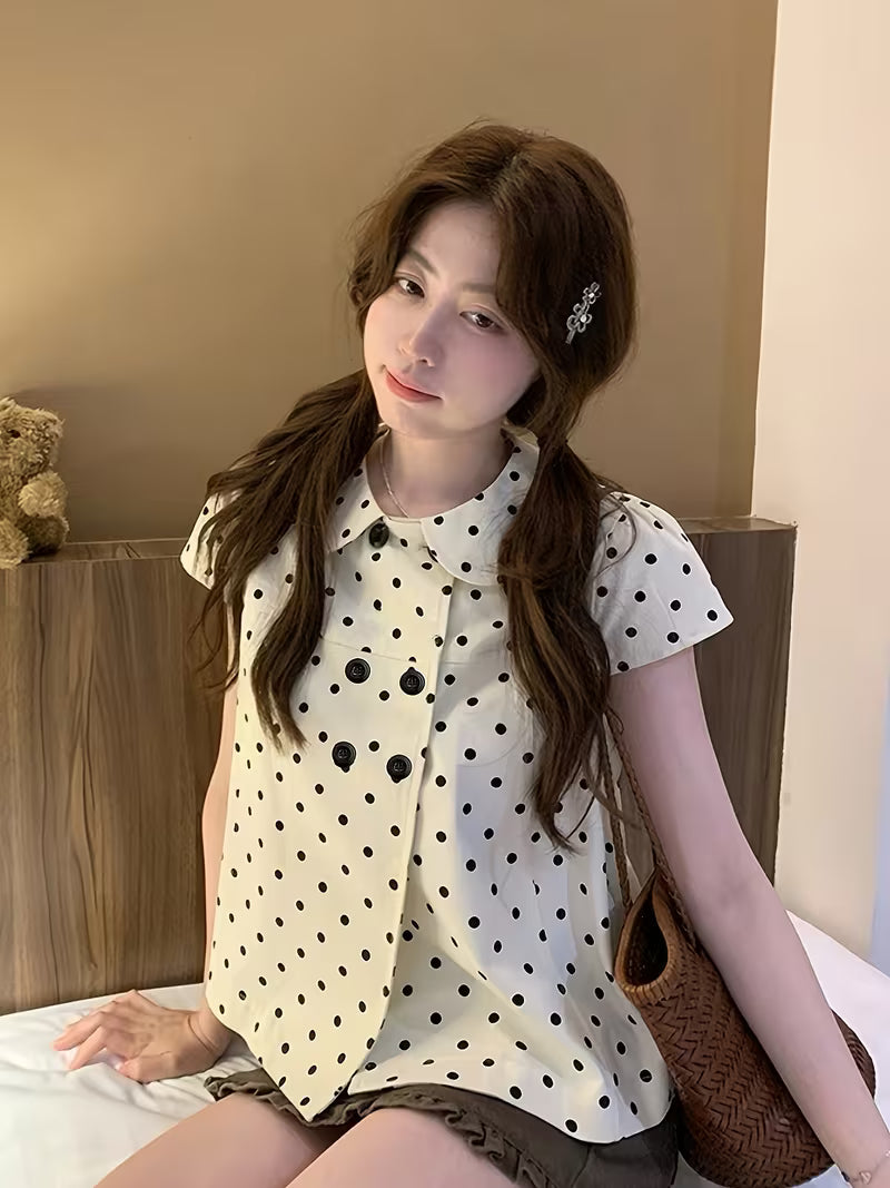 2026 Spring New Sweet Fashionable Temperament Versatile Double-Breasted Polka Dot Doll Collar Short-Sleeved Shirt Women'S Clothing