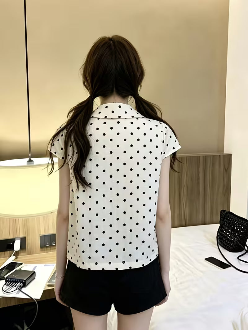 2026 Spring New Sweet Fashionable Temperament Versatile Double-Breasted Polka Dot Doll Collar Short-Sleeved Shirt Women'S Clothing