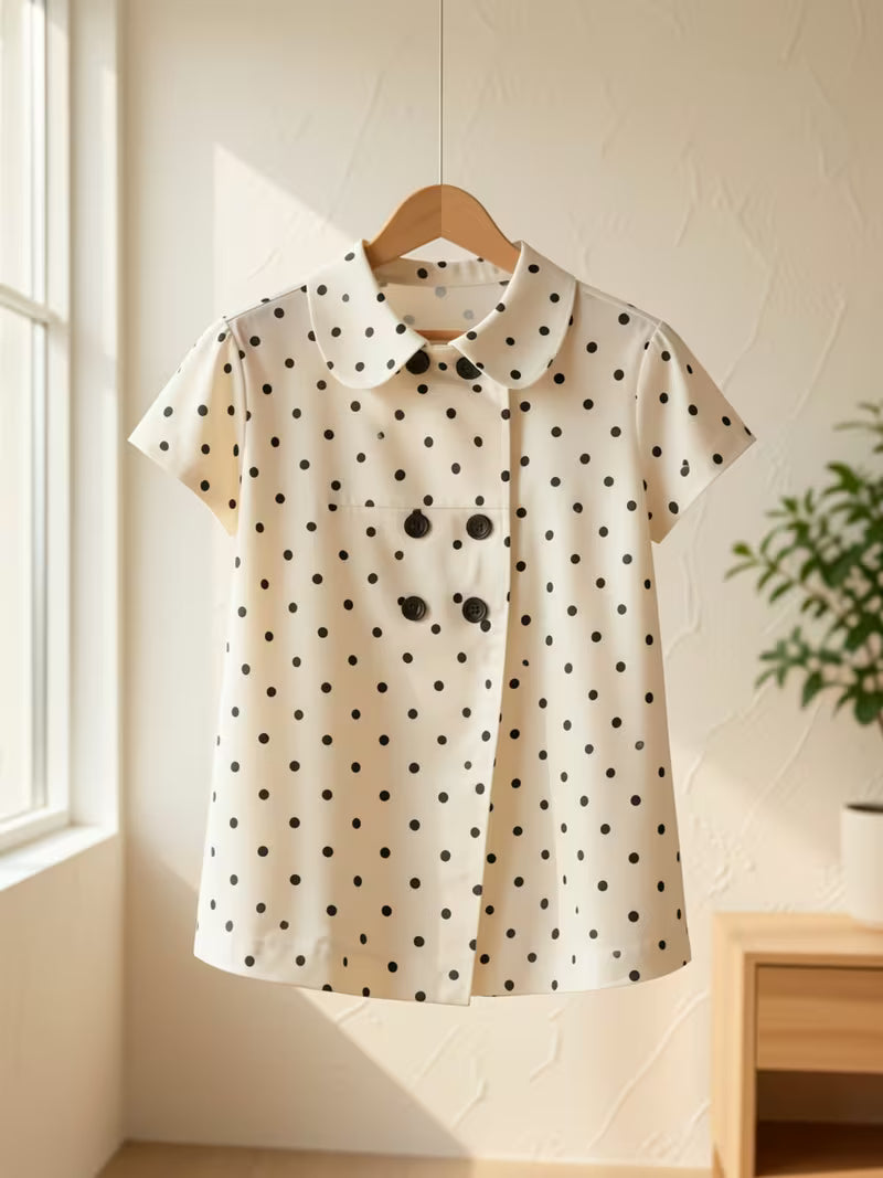 2026 Spring New Sweet Fashionable Temperament Versatile Double-Breasted Polka Dot Doll Collar Short-Sleeved Shirt Women'S Clothing