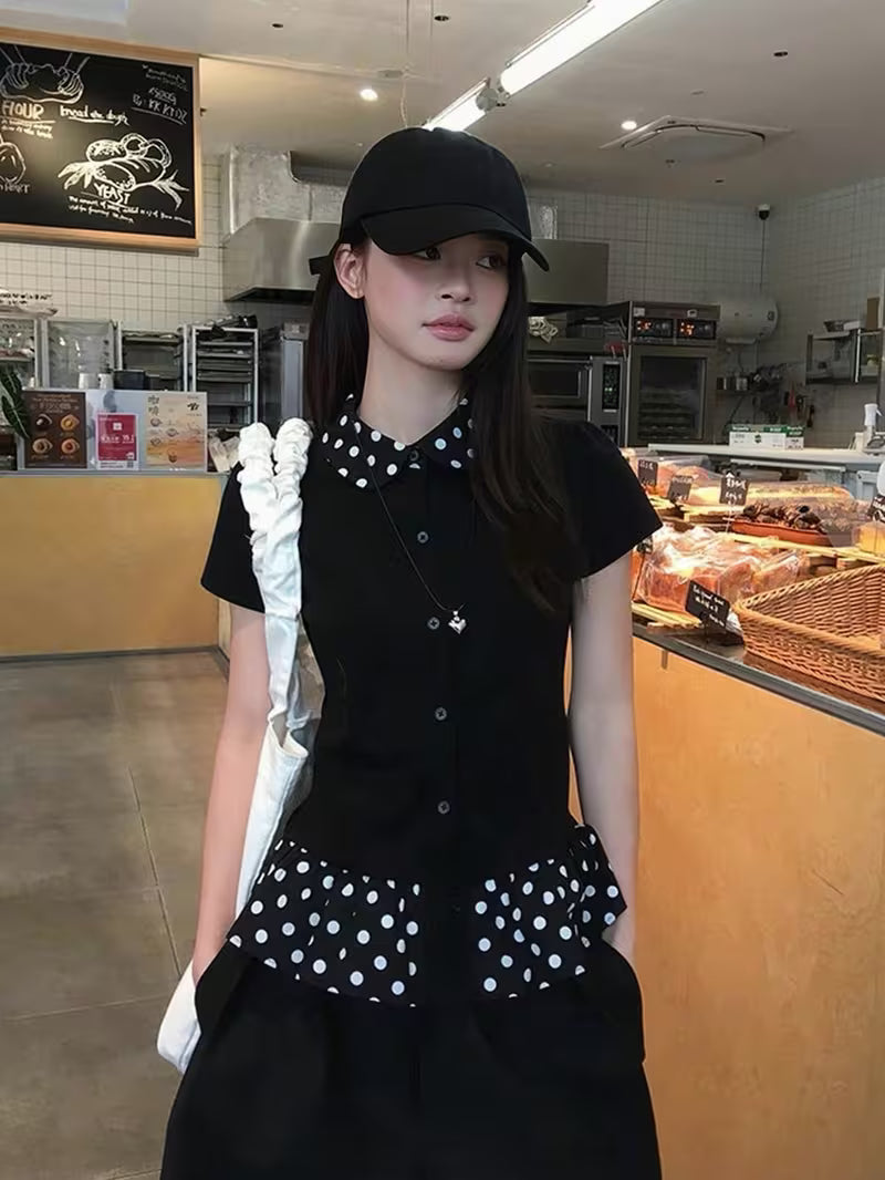 Black Polka Dot Doll Collar Short-Sleeved T-Shirt Women'S Summer Ins Style Slim Fit Design Versatile Ladies Top