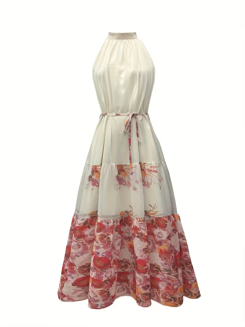 Elegant And Sophisticated Style, New Loose-Fitting, Beach Vacation Tie Waist Printed Dress