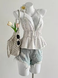Women's Elegant Floral Neckline Fabric Backless Strapless Ruffled Trim Cropped Vest-style Top, Cute and Casual, Simple and Elegant, Versatile, Suitable for Daily Wear