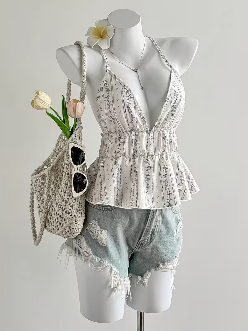 Women's Elegant Floral Neckline Fabric Backless Strapless Ruffled Trim Cropped Vest-style Top, Cute and Casual, Simple and Elegant, Versatile, Suitable for Daily Wear