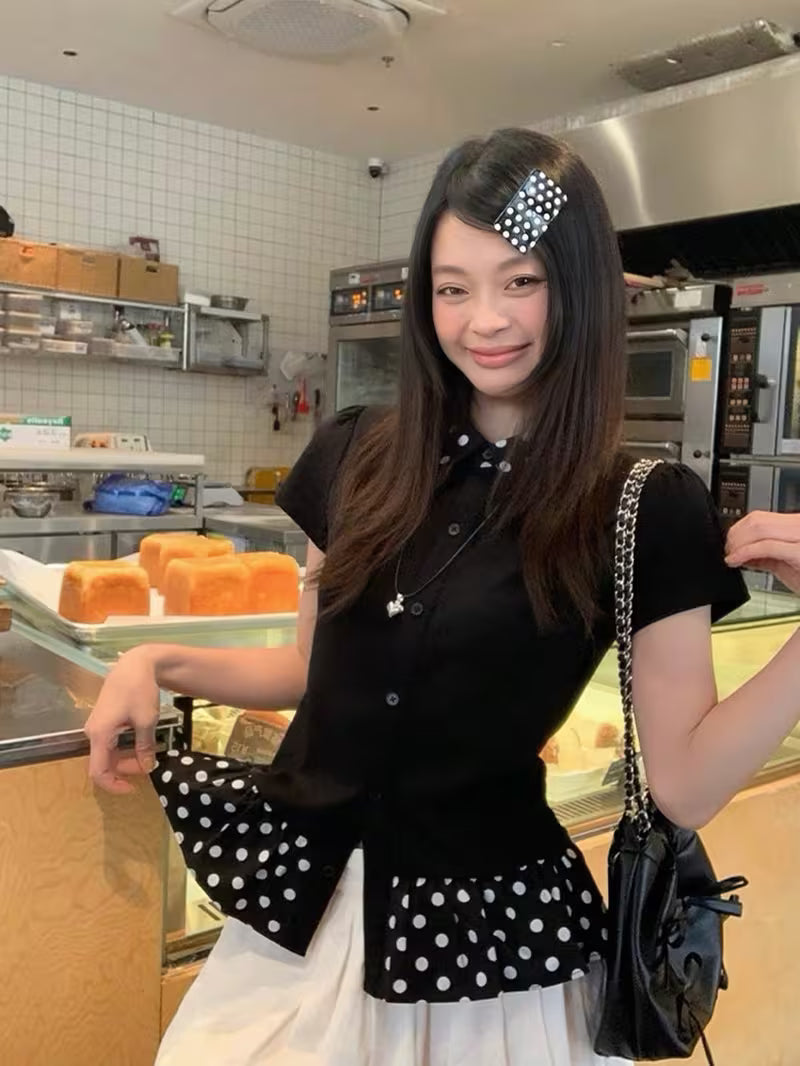 Black Polka Dot Doll Collar Short-Sleeved T-Shirt Women'S Summer Ins Style Slim Fit Design Versatile Ladies Top