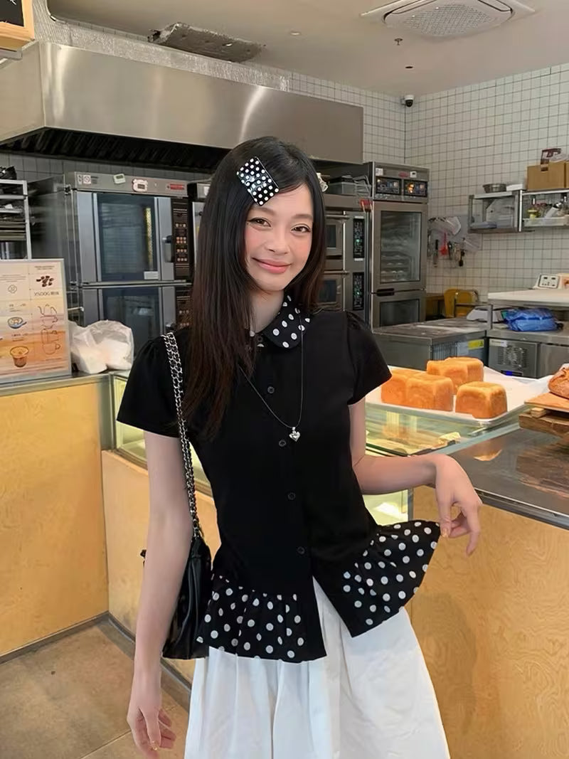 Black Polka Dot Doll Collar Short-Sleeved T-Shirt Women'S Summer Ins Style Slim Fit Design Versatile Ladies Top
