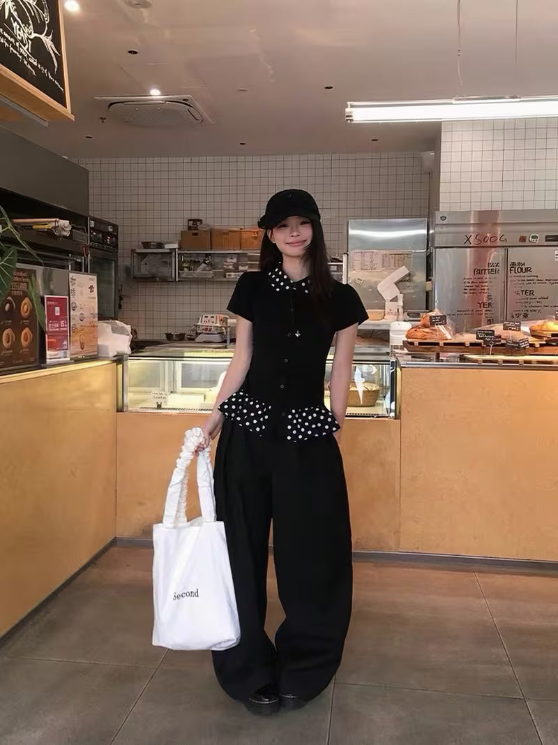 Black Polka Dot Doll Collar Short-Sleeved T-Shirt Women'S Summer Ins Style Slim Fit Design Versatile Ladies Top