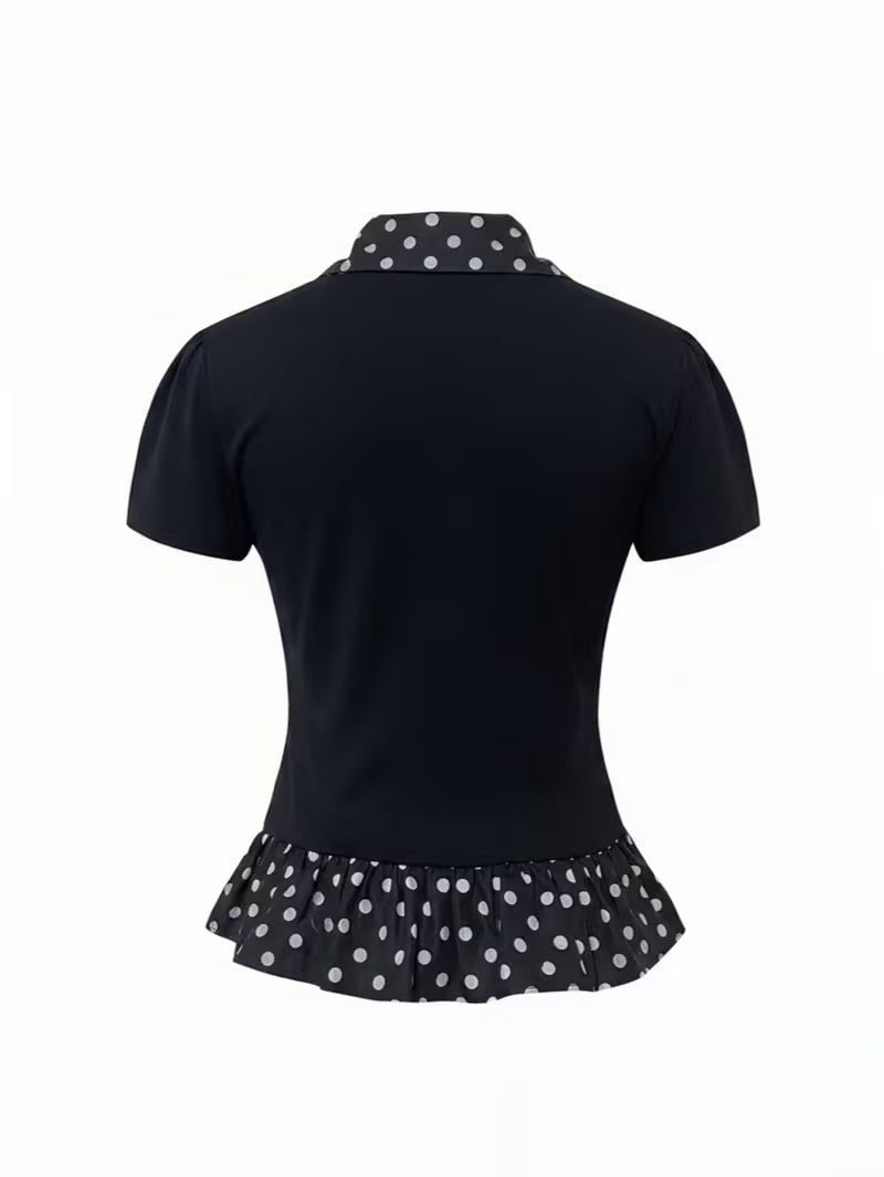 Black Polka Dot Doll Collar Short-Sleeved T-Shirt Women'S Summer Ins Style Slim Fit Design Versatile Ladies Top