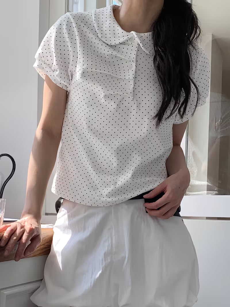Polka Dot Doll Collar Top for Spring And Summer, Sweet And Casual, Short-Sleeved Women'S Shirt with Pleats