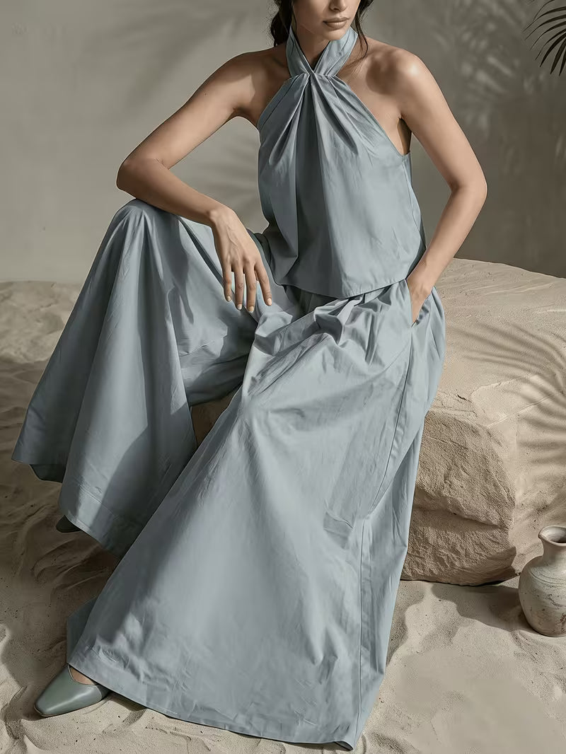 Western Spring Summer Women'S Halter Top And Wide-Leg Long Pants, Comfortable Breathable Fabric, High-End Elegant Quality, Dusty Green Vacation Party City Fashion Premium New Spring Summer Women'S Two-Piece Set