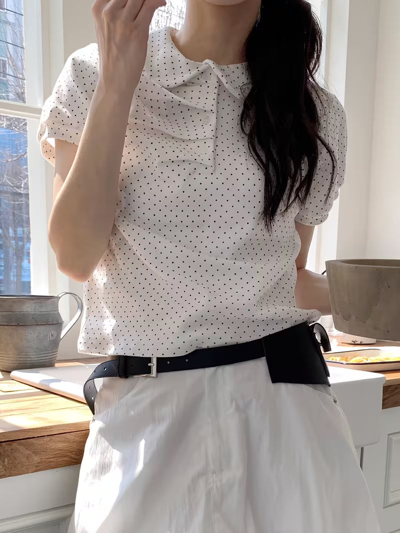 Polka Dot Doll Collar Top for Spring And Summer, Sweet And Casual, Short-Sleeved Women'S Shirt with Pleats