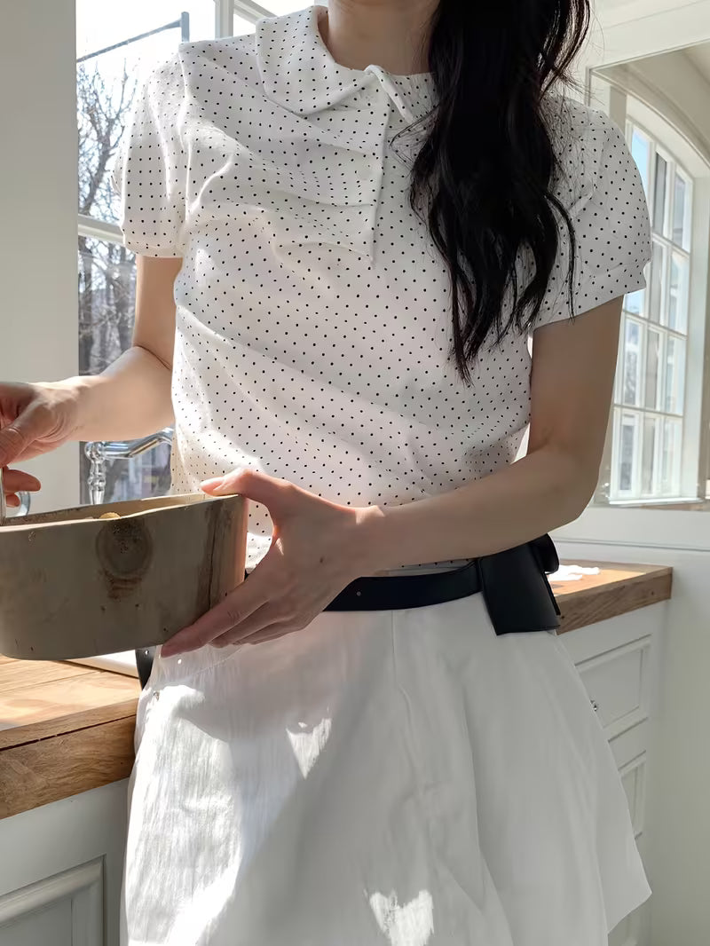 Polka Dot Doll Collar Top for Spring And Summer, Sweet And Casual, Short-Sleeved Women'S Shirt with Pleats