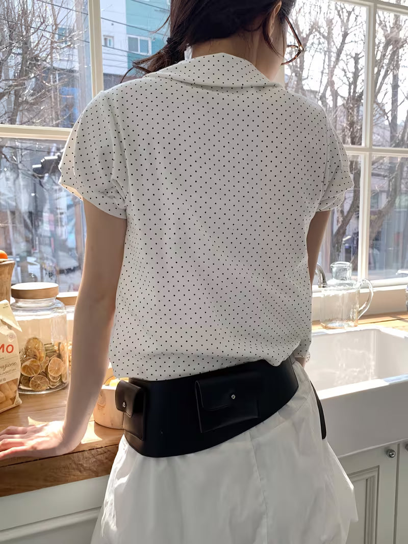 Polka Dot Doll Collar Top for Spring And Summer, Sweet And Casual, Short-Sleeved Women'S Shirt with Pleats