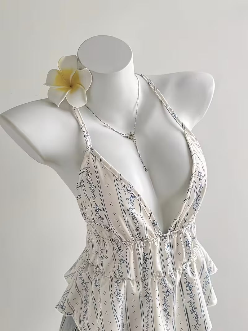 Women's Elegant Floral Neckline Fabric Backless Strapless Ruffled Trim Cropped Vest-style Top, Cute and Casual, Simple and Elegant, Versatile, Suitable for Daily Wear