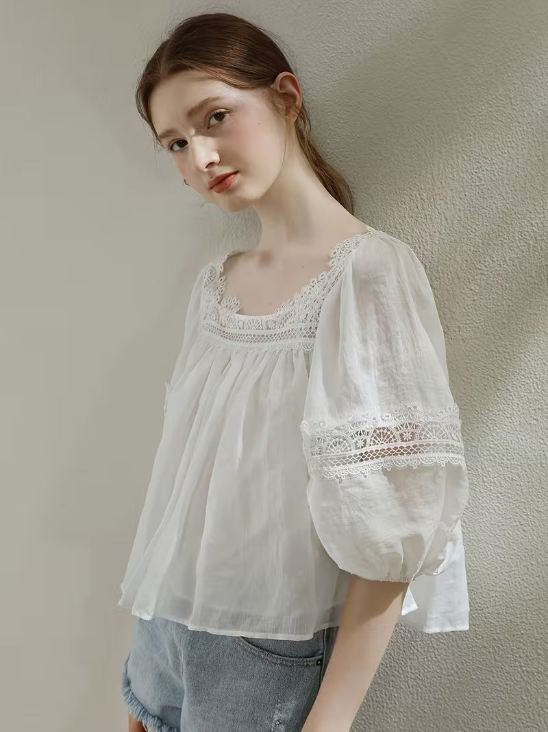 White Square-neck Lace Blouse, French-style Vintage Lace Top with Puff Sleeves