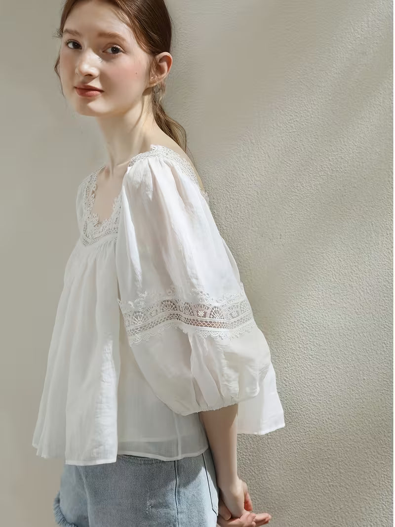 White Square-neck Lace Blouse, French-style Vintage Lace Top with Puff Sleeves
