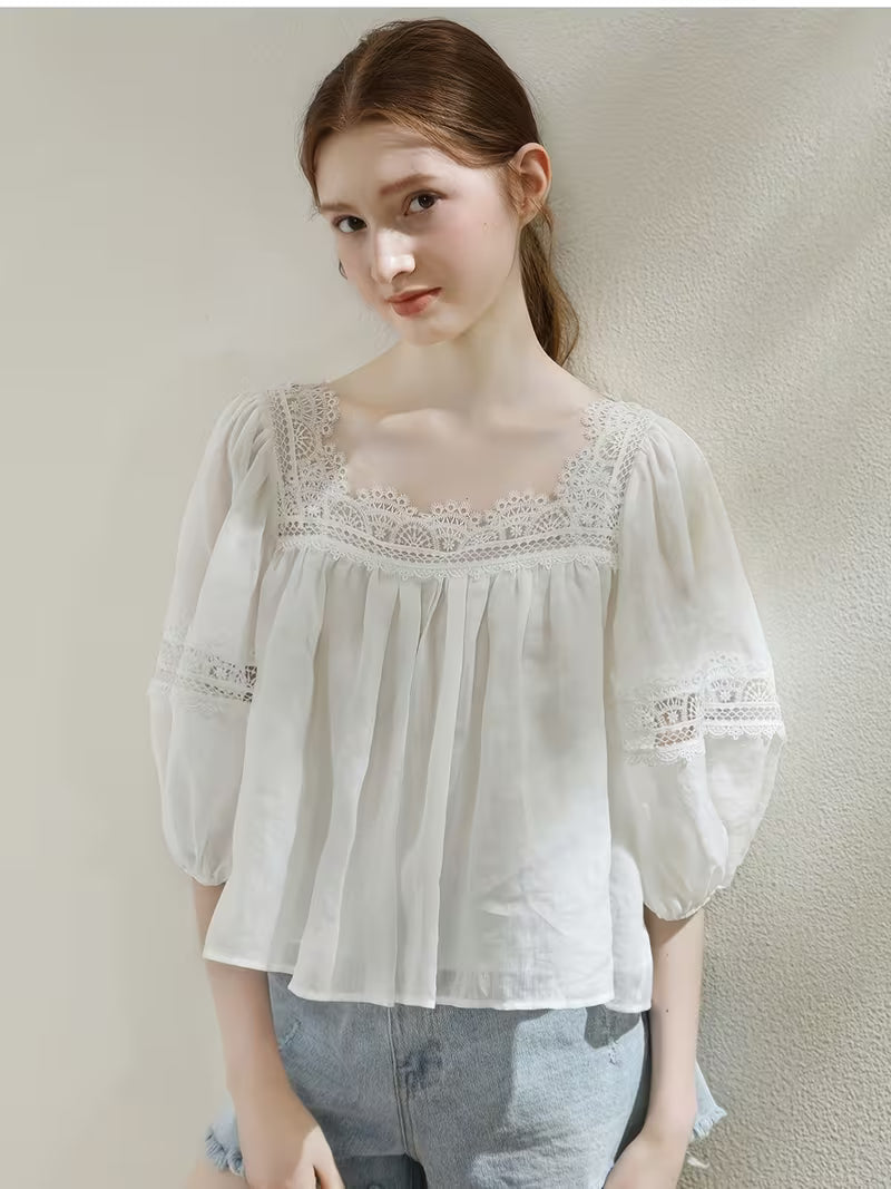 White Square-neck Lace Blouse, French-style Vintage Lace Top with Puff Sleeves