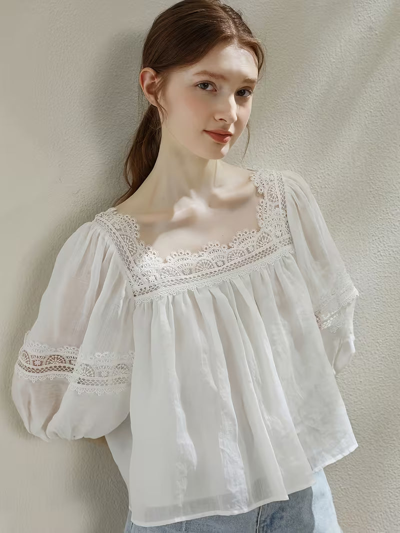 White Square-neck Lace Blouse, French-style Vintage Lace Top with Puff Sleeves